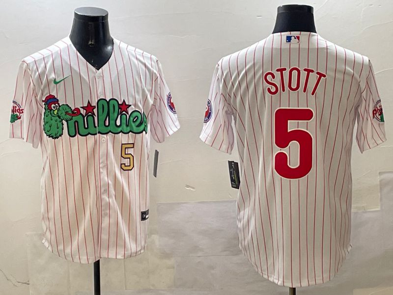 Men Philadelphia Phillies #5 Stott White Stripe Three generations Joint Name Game 2025 Nike MLB Jersey style 3->philadelphia phillies->MLB Jersey